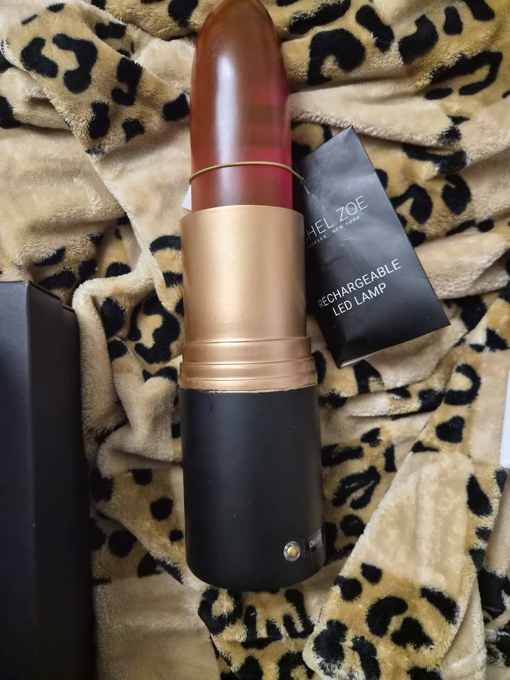 Rachel Zoe Lipstick-Shaped LED Lamp in Black and Rose Gold with Red Bulb